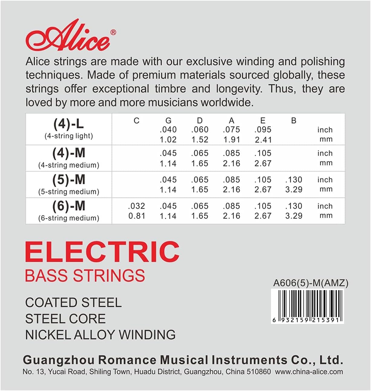 Cuerdas de Bajo 5 Cuerdas Alice 5