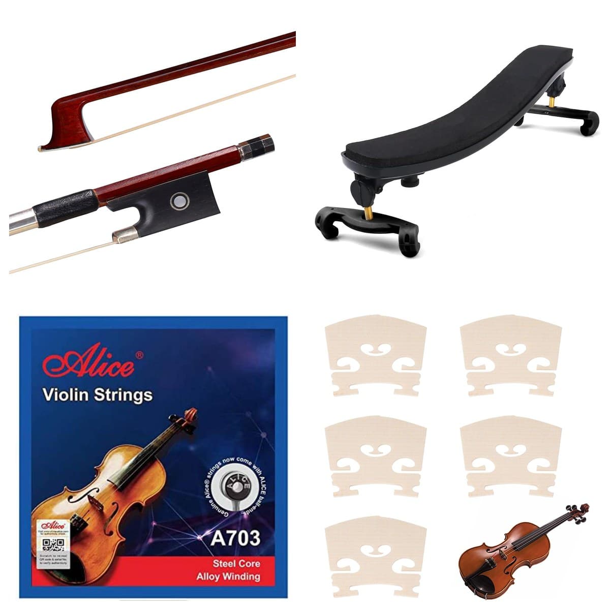 Pack Violinista: Arco 4/4 + Hombrera + Cuerdas + Puente