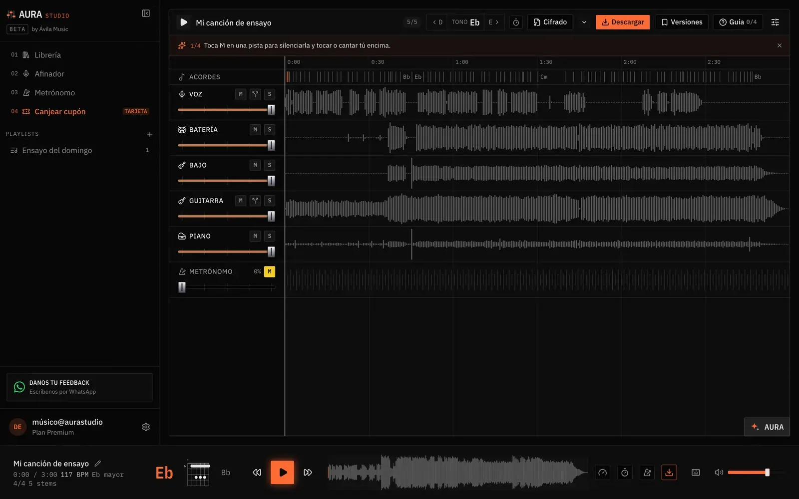 Aura Studio en la compu: mixer con las pistas separadas, acordes y reproductor