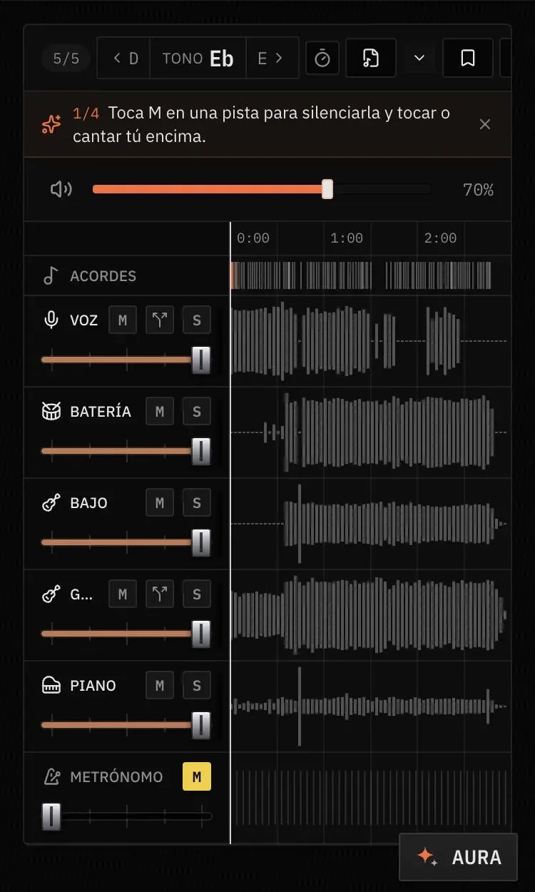 Aura Studio en el celular: mixer con las pistas separadas